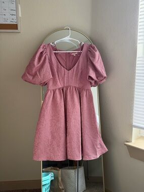 City Studio Rose-Pink Puff-Sleeve V-Neck Textured A-Line Dress